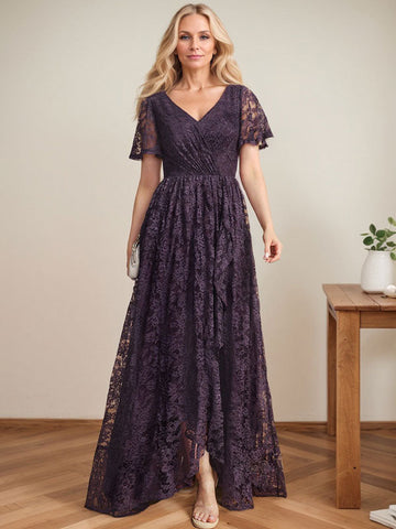 Vestido de novia de encaje asimétrico con escote en V y corte en A para la madre de la novia, con volantes en cascada. 