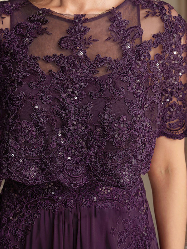 Robe de mère de la mariée en mousseline de soie dentelle, coupe trapèze, col bateau, longueur au sol, ornée d'appliqués de sequins 