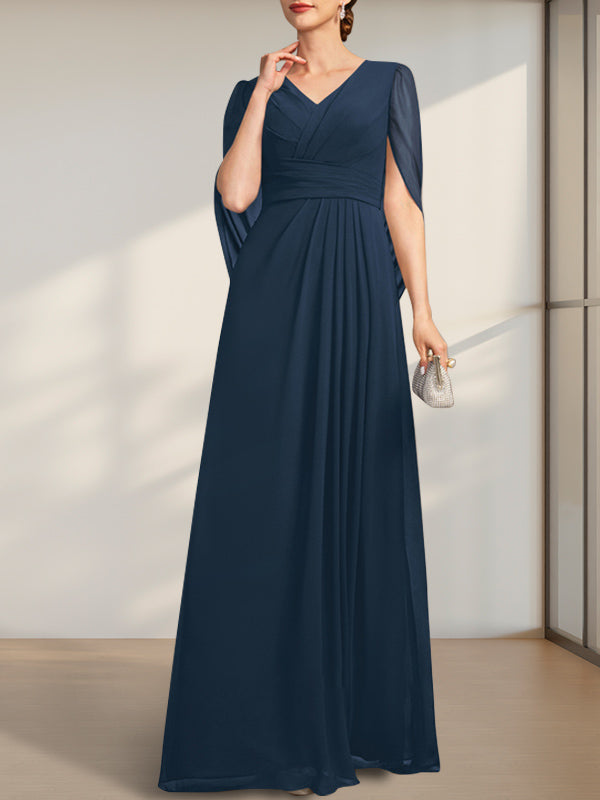 Robe de mère de la mariée en mousseline de soie, coupe trapèze, col en V, longueur au sol, avec plis.