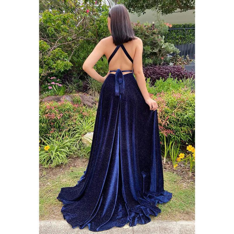Plunging V-neck Velvet High Split Long Prom Dress