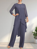 Vestido de dos piezas para la madre de la novia: mono/pantalón de gasa con escote redondo y largo hasta el suelo, adornado con lentejuelas y pedrería.