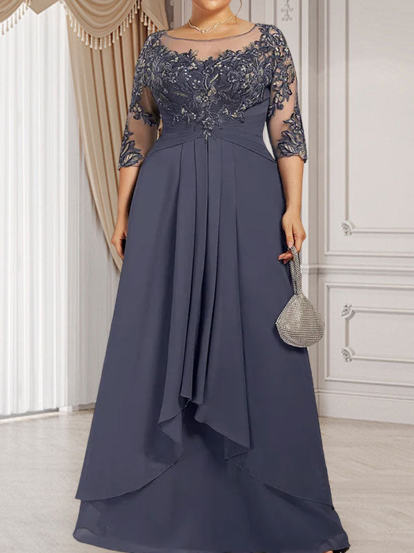 Robe de mariée en mousseline de dentelle, coupe trapèze, décolleté illusion, longueur au sol, avec volants cascade, idéale pour la mère de la mariée.