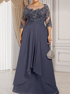 Robe de mariée en mousseline de dentelle, coupe trapèze, décolleté illusion, longueur au sol, avec volants cascade, idéale pour la mère de la mariée.