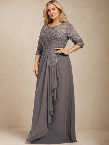 Robe de mère de la mariée en mousseline de dentelle, coupe trapèze, décolleté illusion, longueur au sol, avec volants cascade 