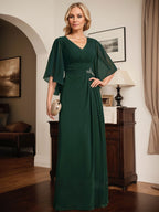 Vestido de corte recto/columna, escote en V, largo hasta el suelo, de gasa, para la madre de la novia, con lentejuelas plisadas y pedrería.