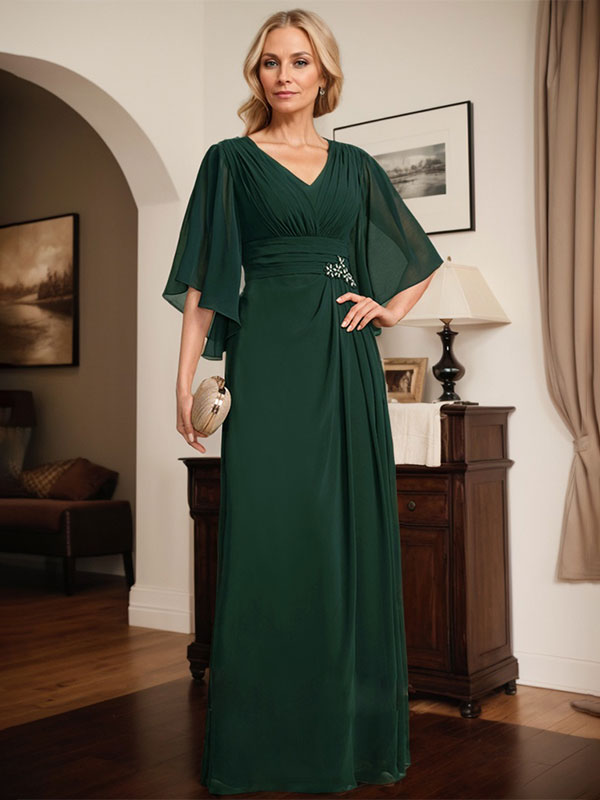 Vestido de corte recto/columna, escote en V, largo hasta el suelo, de gasa, para la madre de la novia, con lentejuelas plisadas y pedrería.