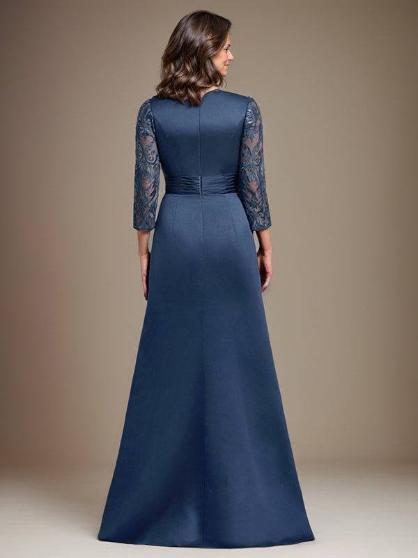Vestido de novia de corte A, escote redondo, largo hasta el suelo, de satén de encaje, con apliques, para la madre de la novia. 
