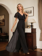 Combinaison-pantalon robe de soirée longue en mousseline à col en V