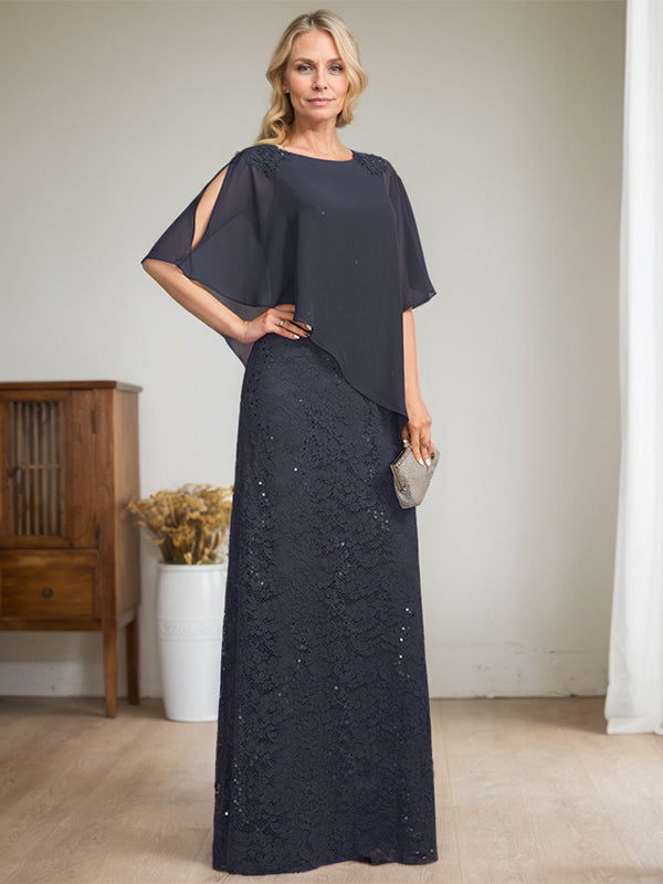 Robe fourreau/colonne longue en mousseline de soie et dentelle, ornée de sequins et de perles, pour la mère de la mariée.