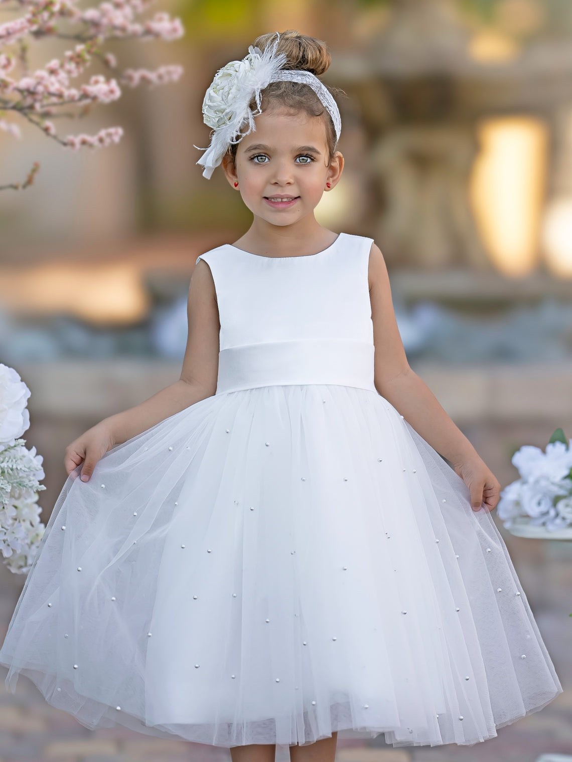 Vestido de princesa/vestido de princesa de satén y tul hasta la rodilla para niña de las flores 