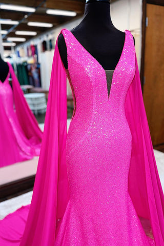 Sparkly Hot Pink Sequins V-neck Mermaid Long Prom Dress With Cape
