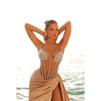 Robe de soirée longue fourreau en tulle transparent à perles et fronces en satin