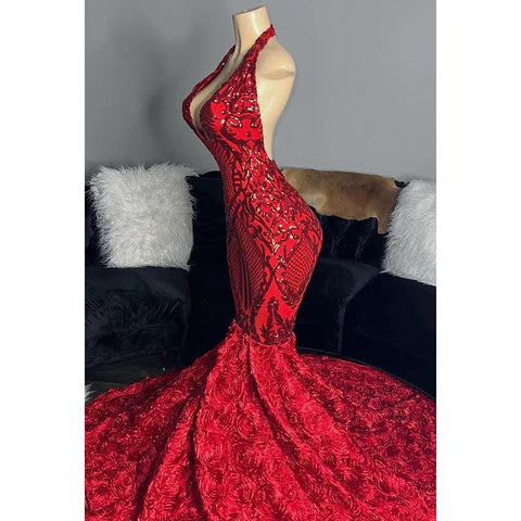 Trumpet/Mermaid V-Neck Lace Sequins Appliques Backless Sleeveless Prom Dress