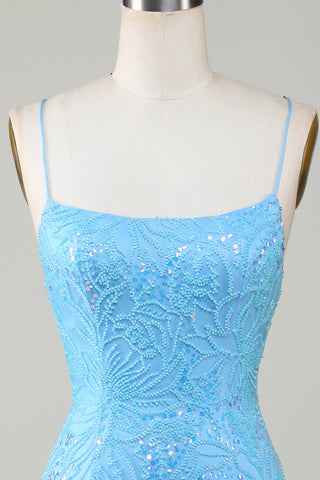 Sparkly Blue Bodycon Spaghetti Straps Short Homecoming Dress with Beading