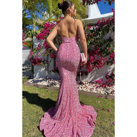Vestido formal de corte trompeta/sirena con escote en forma de corazón, lentejuelas, espalda descubierta y cremallera
