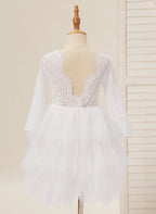 Vestido blanco de tul y encaje hasta la rodilla (2003227580) 