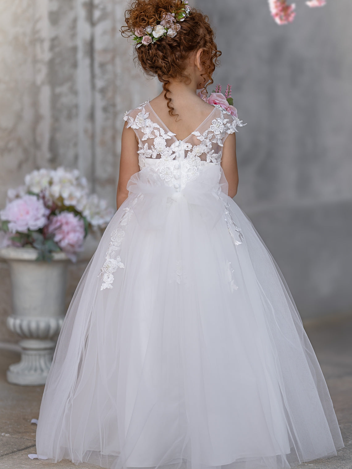 Vestido de princesa color marfil con apliques de encaje y lazo de tul | Vestido de niña de las flores de tul de manga corta hasta el tobillo 