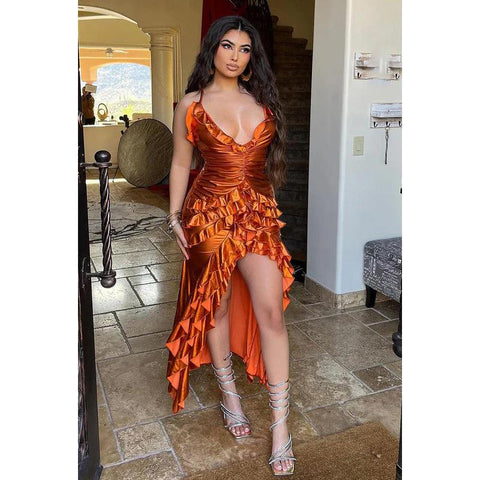 Robe de soirée sexy et tendance, décolleté en V, fente latérale, dos nu, froncée