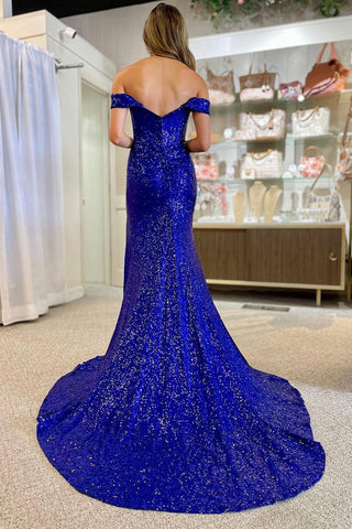Robe de bal longue sirène à sequins bleu roi, épaules dénudées et fente, absolument magnifique.