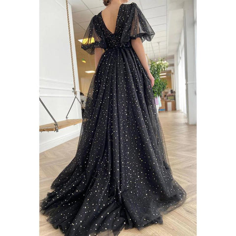 Robe de bal sexy à col en V et manches mi-longues, fendue et scintillante, avec poches 