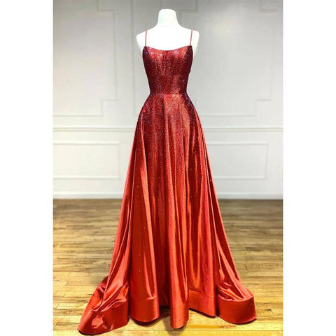 Women's Spaghetti Straps Beads Sparkly Prom Dress