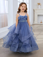 Vestido de niña de las flores de tul sin mangas, corte princesa, azul pizarra, corte en A, estilo princesa 