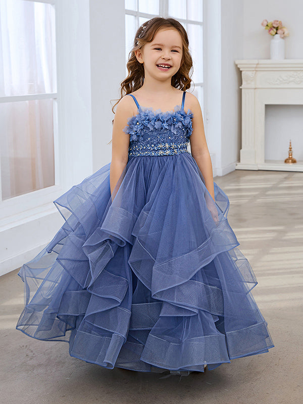 Vestido de niña de las flores de tul sin mangas, corte princesa, azul pizarra, corte en A, estilo princesa 