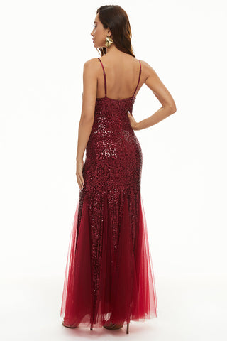 Vestido largo de fiesta negro con lentejuelas y tirantes finos