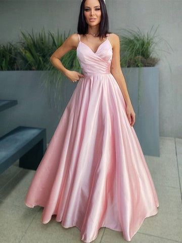 Vestido largo de fiesta rosa con tirantes finos y escote en V, corte en A