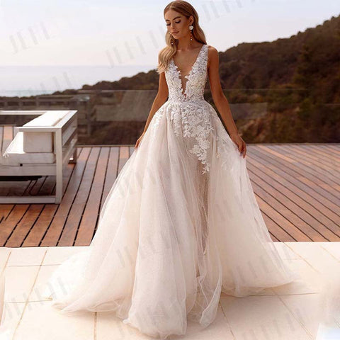 Popular V-neck Lace Applique A Line Wedding Dresses Backless Side Slit Custom Made Formal Bridal Grown 2024