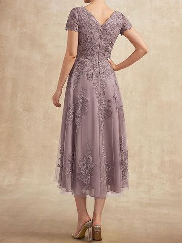 A-line Scoop Tea-Length Tulle Lace Mother of the Bride Dress