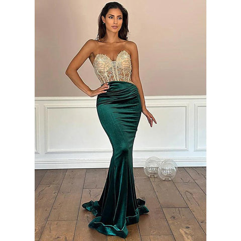 Sweetheart Strapless Illusion Beaded Appliques with Train Party Prom Evening Dress