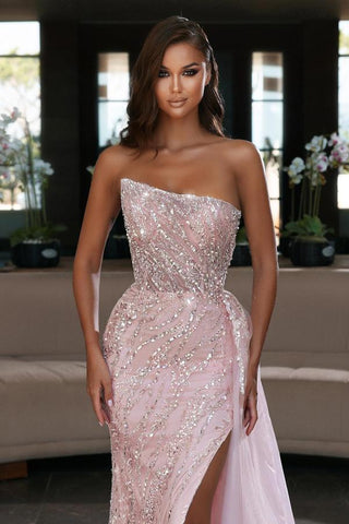 Robe de soirée sirène rose bustier avec perles et fente