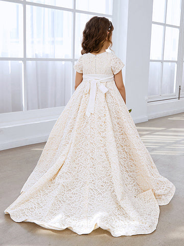 A-line Lace Sweep Train Ivory Dress (010146744)