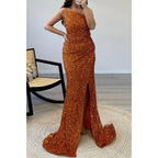 Robe de soirée longue à plis et paillettes, fourreau/colonne, sans bretelles 
