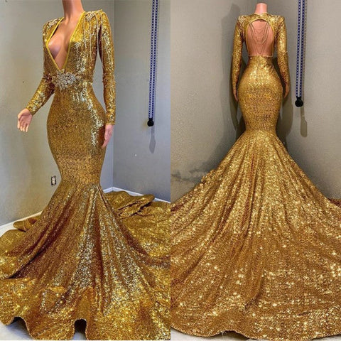 Vestido de fiesta largo dorado con lentejuelas, escote en V, sin mangas y estilo sirena.