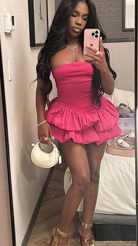 Robe de soirée courte rose bustier à volants sexy Y7705