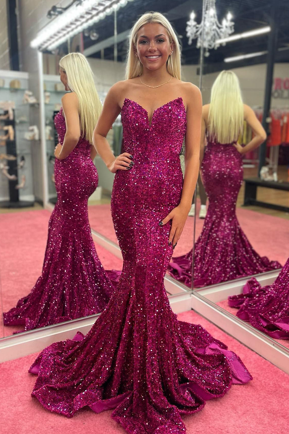 Strapless Sequins Fuchsia Mermaid Prom Dress
