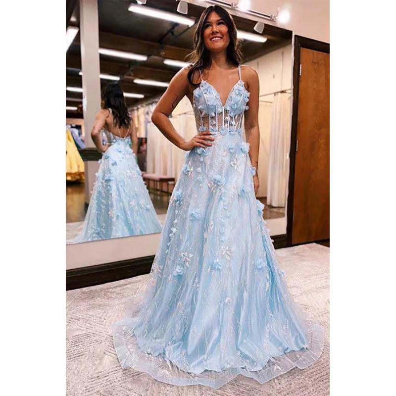 Vestido de fiesta largo de princesa azul claro con encaje floral 3D, escote en V y corte A