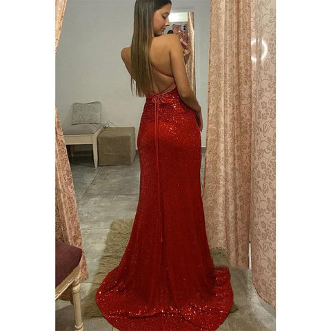 Vestido de fiesta de sirena plisado con lentejuelas rojas y escote en V sexy con abertura