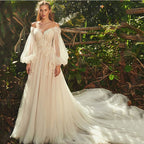 Light Champagne Wedding Dresses Pastrol Puff Long Sleeves 3D Flowers Bride Gowns A-Line Sexy Backless vestidos de novia