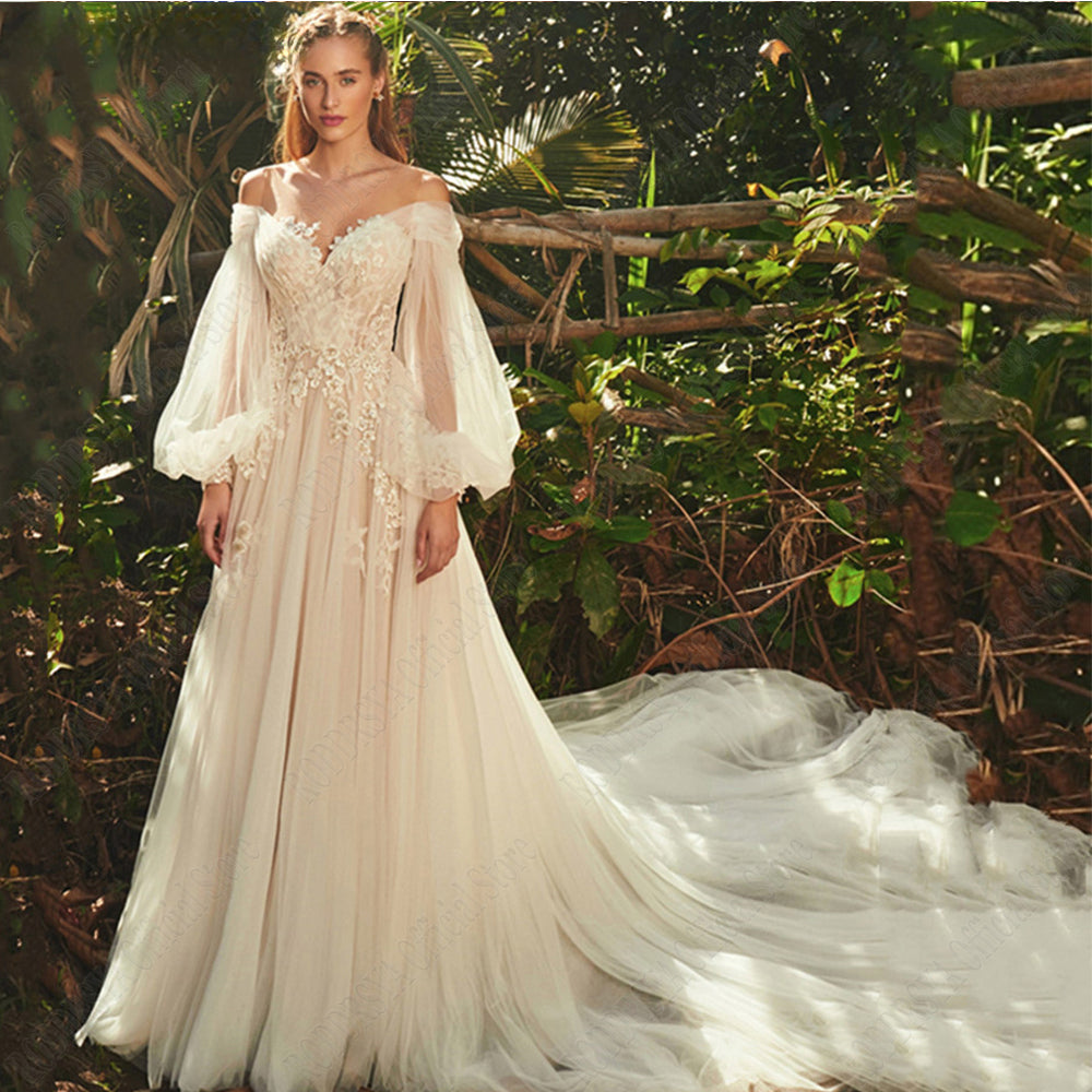 Light Champagne Wedding Dresses Pastrol Puff Long Sleeves 3D Flowers Bride Gowns A-Line Sexy Backless vestidos de novia