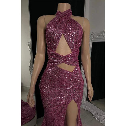 Vestido de fiesta de sirena con lentejuelas y cuello halter único para niñas 