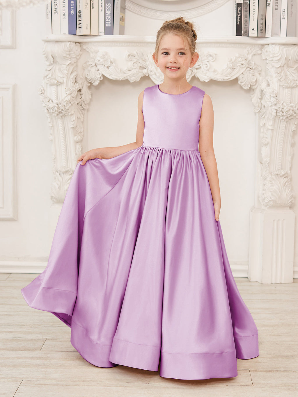 Vestido de niña de las flores de corte A, de satén y encaje, hasta el suelo 