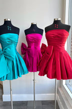 Vestido de fiesta plisado sin tirantes de corte en A con lazo