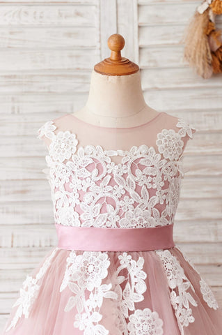 Vestido morado de tul y encaje hasta la rodilla (2003227696) 