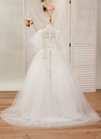 Vestido de niña de las flores para la Primera Comunión, corte en A, de tul con cola de barrido, color marfil. 