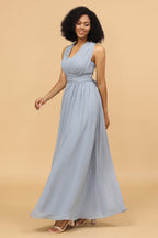 Robe de demoiselle d'honneur longue convertible en mousseline grise et bleue