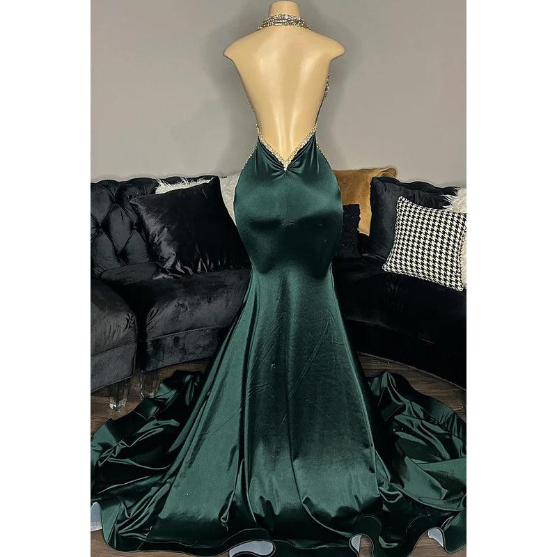 Vestido de fiesta de corte trompeta/sirena con escote en V, apliques de satén y espalda descubierta, sin mangas