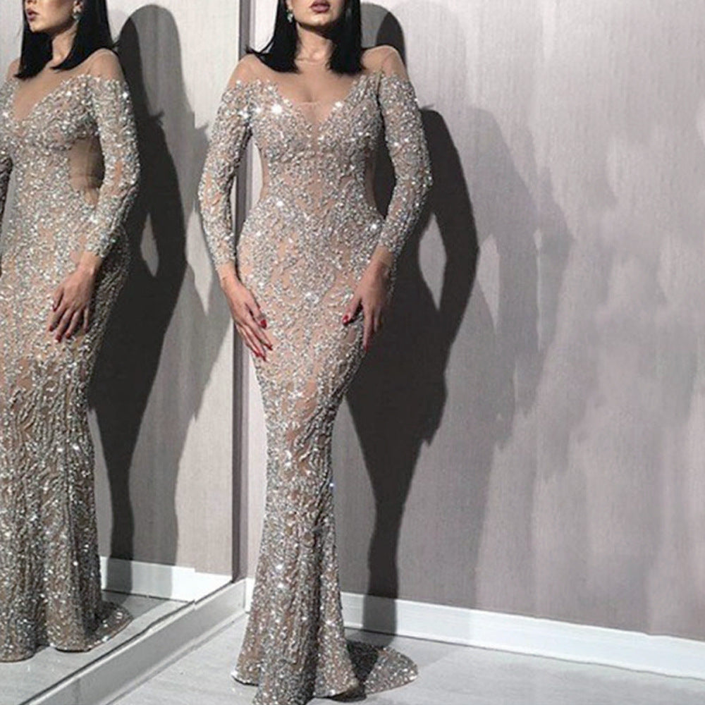 Vestido de cóctel/noche de manga larga bronceado para mujer, estilo sexy y favorecedor, ideal para primavera. 
